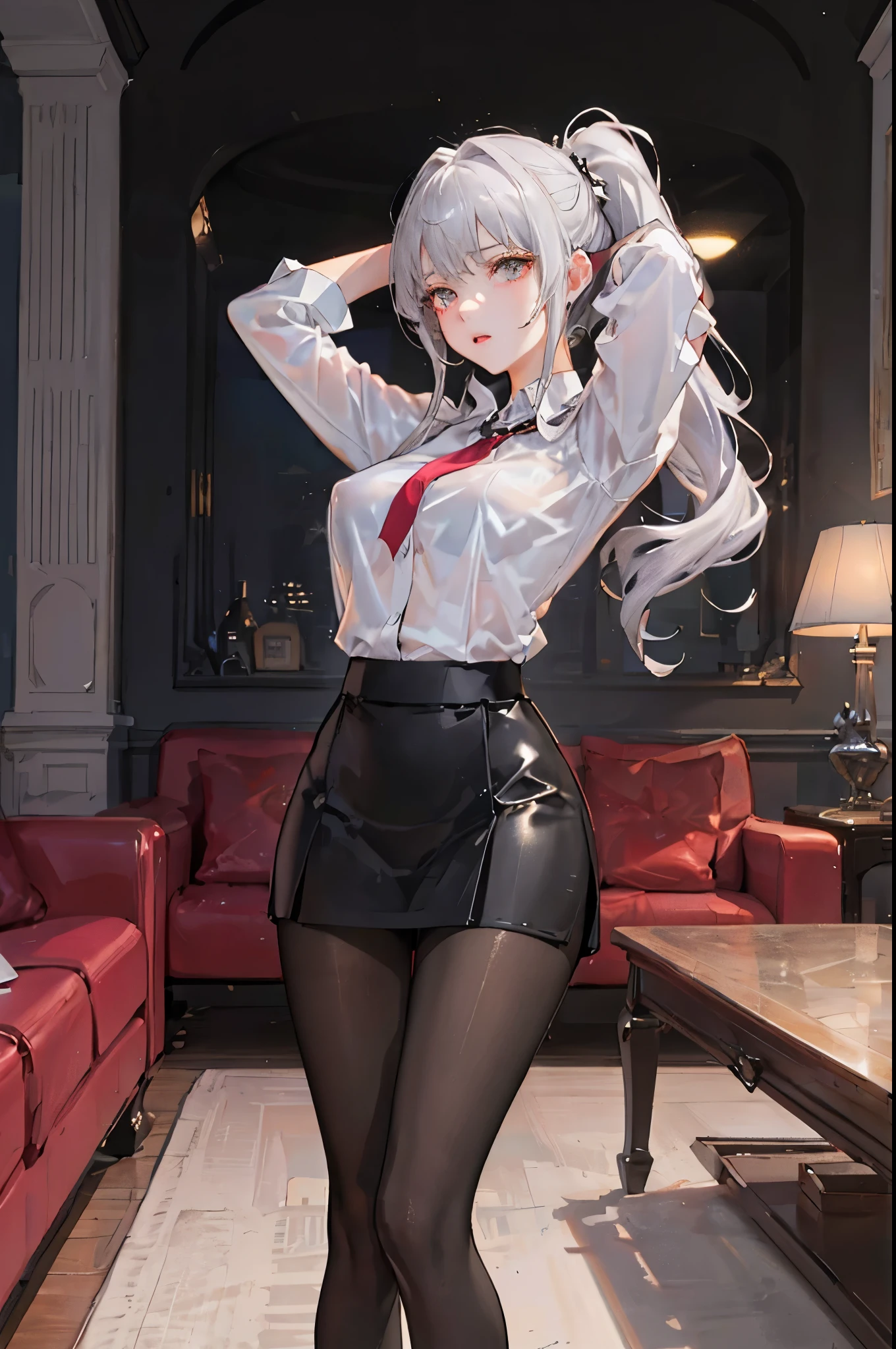 (((1 girl)),ray tracing,(dim lighting),[detailed background (living room)),((silver hair)),((silver hair)),(Fluffy silver hair, plump and slender girl)) with high ponytail)))) Avoid golden eyes in the ominous living room (((Girl wears a white shirt, black wrinkled skirt with black transparent pantyhose), showing a delicate slender figure and graceful curves, correct limbs, sitting on the sofa with hands behind her head, Put both hands behind your head