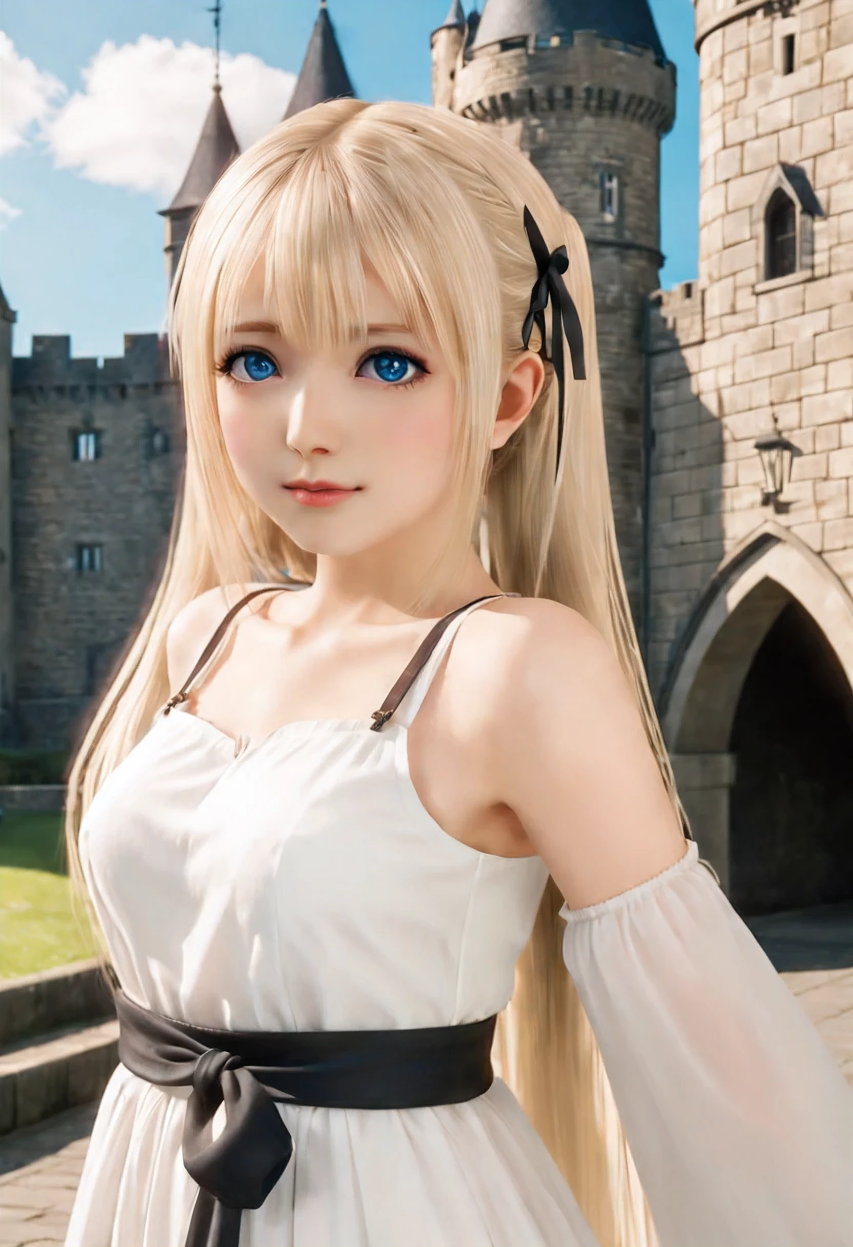 Blonde girl wearing a bright white long dress and posing for a photo, Blonde girl with blue eyes, misa amane, Realistic anime, blonde anime girl with long hair, Anime Realism Style, realistic young anime girl, blonde girl with ribbon in black hair, The blonde girl has a dynamite body, Blonde girl posing in front of the castle gate,