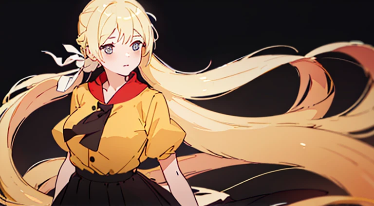 ((Best Quality)), ((masutepiece)), 1girl in，Detailed details，1girl in，poneyTail，very long hair，Blue eyes，Hair that flutters in the wind，Yellow head hair，White ribbon，long curly hair，Red tie，black jumper skirt