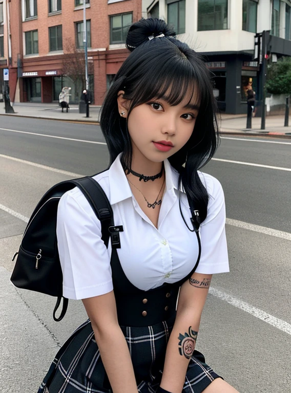 1girl in, Alter13, nur, Kolossale Titten, Photorealistic Beautiful Black Girl, Korean Girl, Schoolgirl Outfit, Dunkle Haut, Kurzhaarschnitt, Ganzarm-Tattoos und Piercings, Spaltung, vollbusig, Petite close-up portrait hyperrealism, full entire body, in the middle of the street