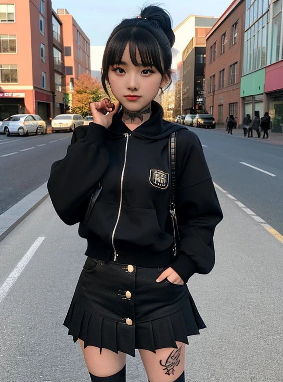 1girl in, Alter13, nur, Kolossale Titten, Photorealistic Beautiful Black Girl, Korean Girl, Schoolgirl Outfit, Dunkle Haut, Kurzhaarschnitt, Ganzarm-Tattoos und Piercings, Spaltung, vollbusig, Petite close-up portrait hyperrealism, full entire body, in the middle of the street