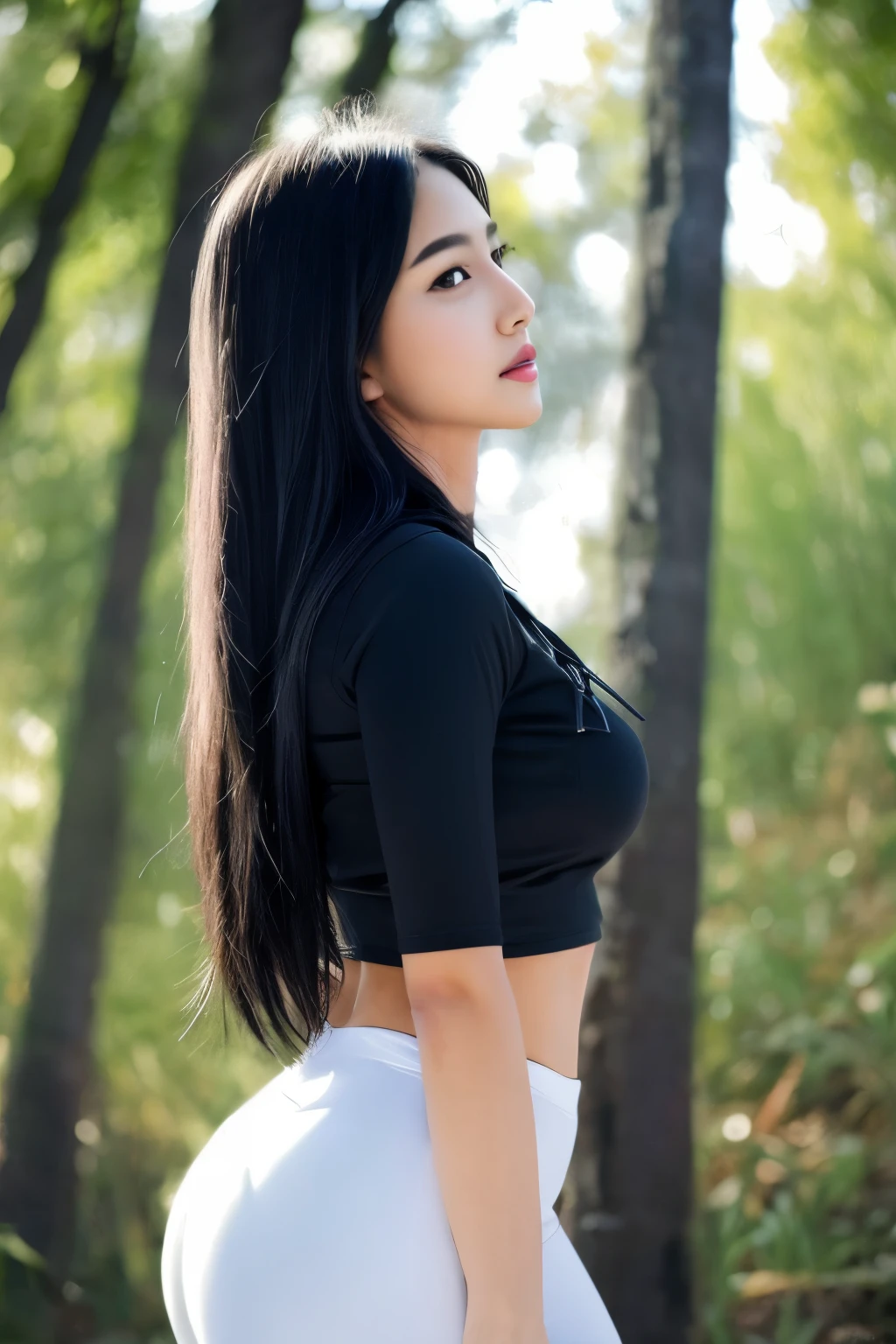 1girl in, 19, Solo, Aesthetic artwork, black hair, long straight hair, detailed hair, full d cup breasts, d-cup, slender body, Full body, detailed skin texture, side profile, crop top hoodie, white crop top, black leggings, hiking trail, cobblestone trail, (extremely detailed 8k wallpaper), soft lighting, high quality, film grain, Fujifilm XT3 sharp focus, f 5.6, 50mm, High Detail, Sharp focus,(natural light), (seductive), Realistic, ultra realistic, photo realistic