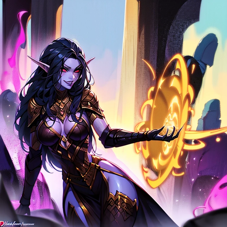 ((Masterpiece)), ((best quality)), ((highres)), Dark elf woman in a majestic dress sitting at a table with four other people, she has ruby-red eyes and grey skin, black hair, polite smile, 35 years old, discussing, extremely detailed artgerm, style artgerm, in style of artgerm, artgerm style, artgerm detailed, style of artgerm, aly fell and artgerm, samira from league of legends, drawn in the style of artgerm, artgerm lau