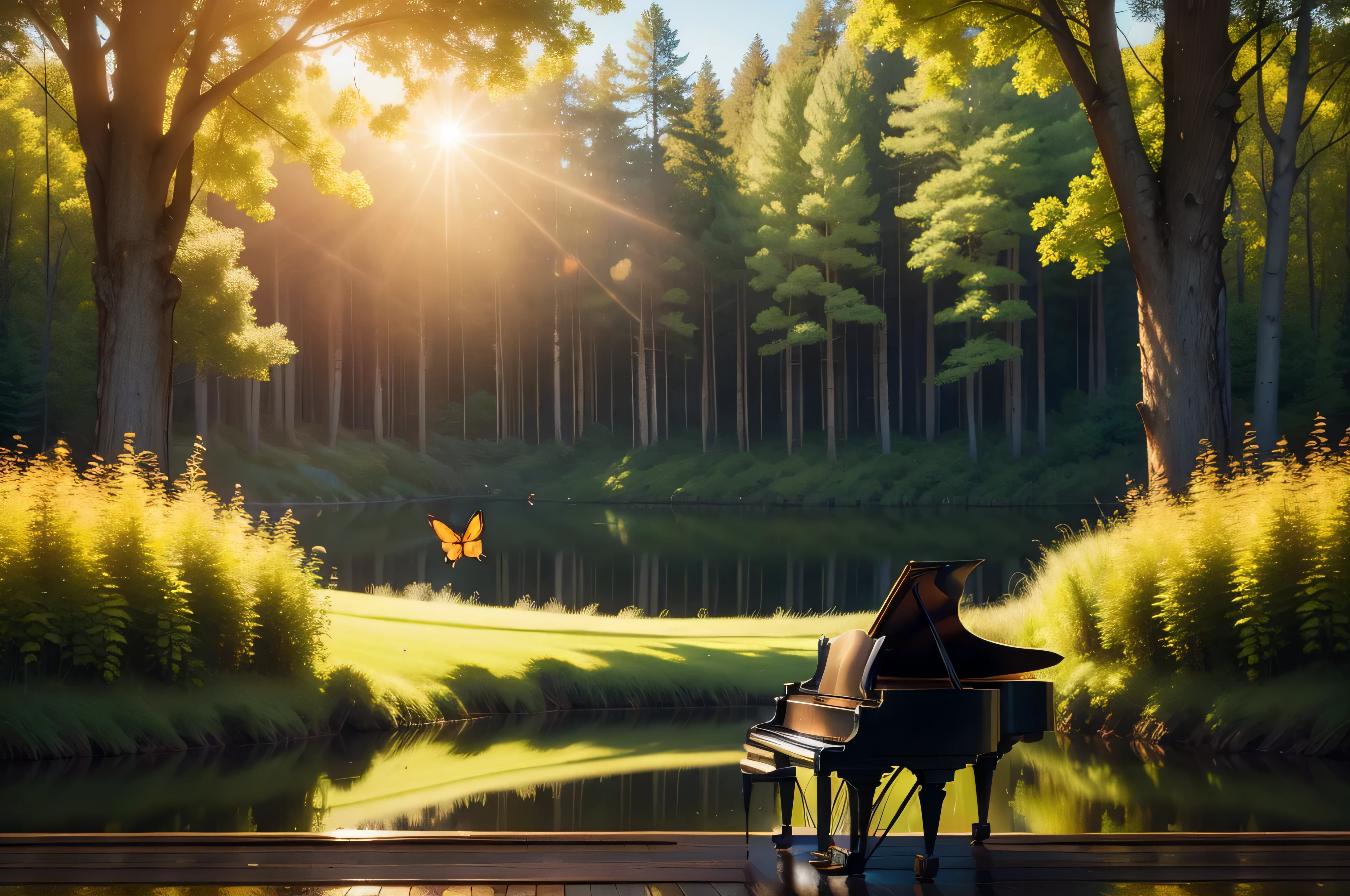 a butterfly is flying above the piano,environment,forest, Farmland, lakes,3d rendered,Super realistic afternoon sun,Super beautiful composition,photo realistic style