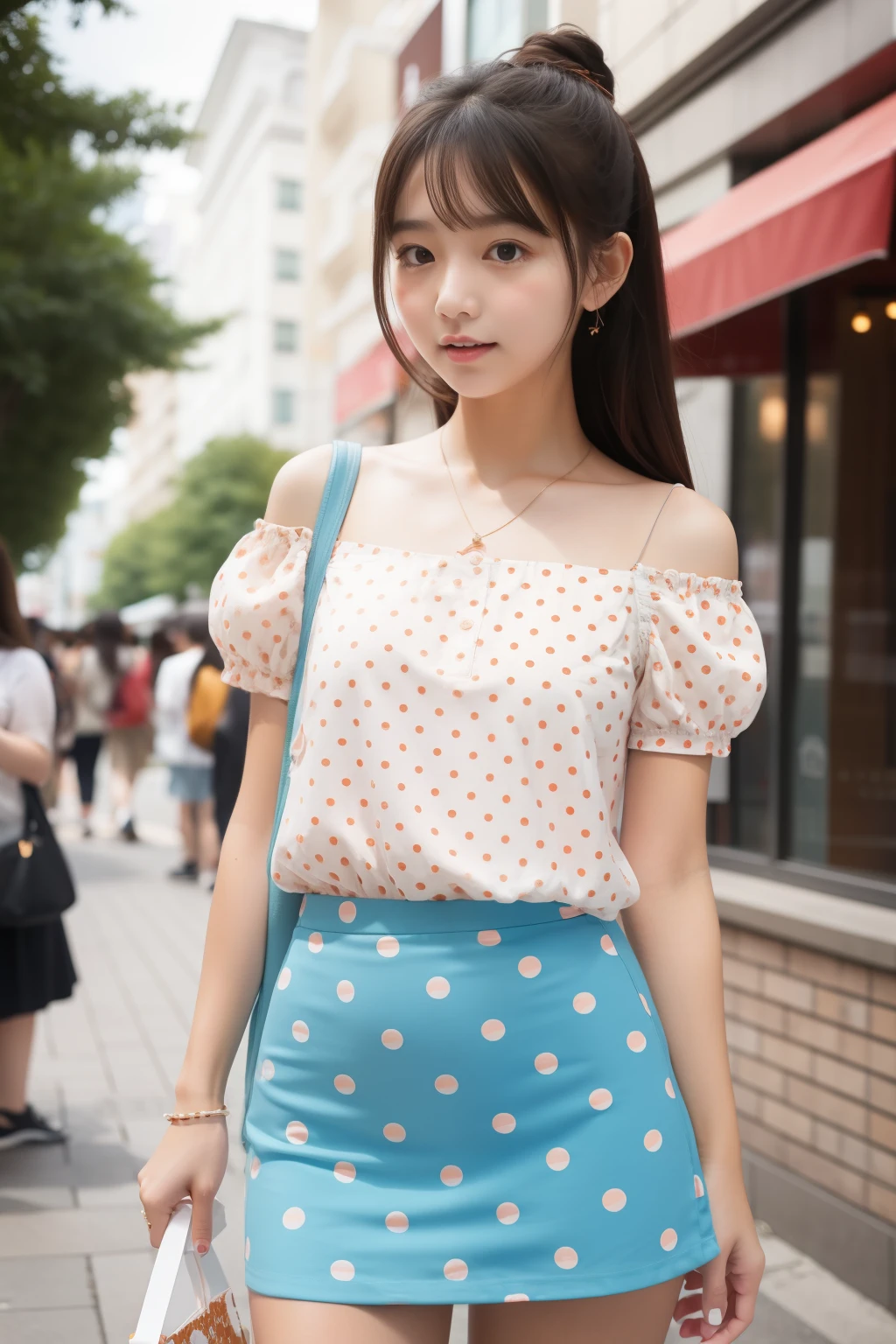 Girl in orange polka dot camisole and brown tight mini skirt、A tiny2Tuknot、shopping mall、Lick the soft-serve ice cream