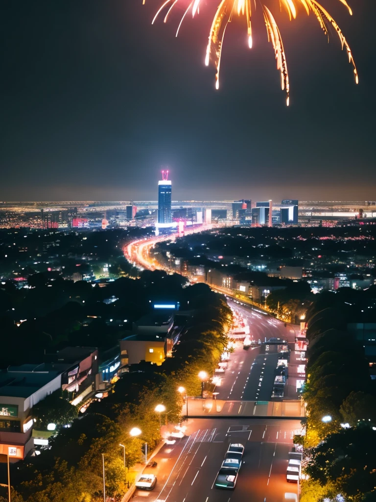 Vibrant city night landscape，Chikan Tower, Tainan City. The streets below are bustling with people.., The Car, and colorful lights. Casts a warm glow over the entire scene. Cityscape surrounded by lush green parks and trees, In stark contrast to the environment.The sky is releasing beautiful fireworks