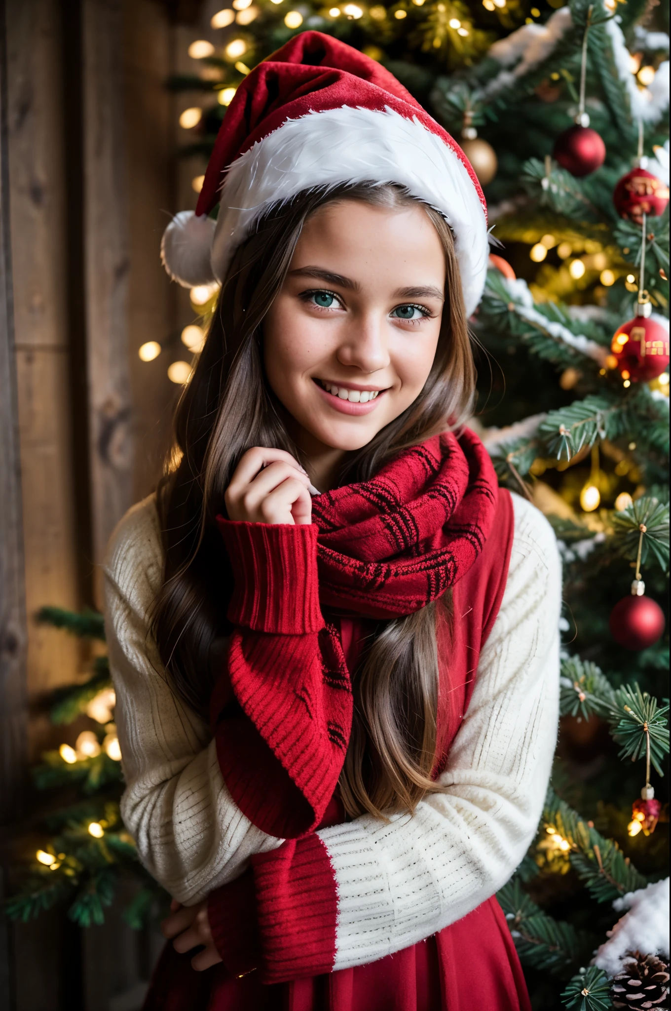 {there is a young girl standing near a christmas tree outside in the snow. she is she is beautiful, and attractive. she is wearing a santa dress, also wearing red tights underneath, and black shoes. she is also wearing a red beany, and also wearing a red and green striped scarf. she has a beautiful smile on her face. she has beautiful long brown hair, and beautiful hazel eyes. she also is holding a christmas decoration in her hand, as if she is decorating the tree. the tree is a pine tree, covered with christmas decorations. there is also a log house behind her, with also tinsel and lights decorated around it. it is clear, but there is a lot of snow around her.}, {best quality}, {{masterpiece}}, {highres}, {{{8k}}}, extremely detailed girl, {{{caucasian skin}}}, {{{detailed face}}}, {photo-realism}, {{perfect anatomy}}, sharp focus, {{{character{1 girl}}}}, solo, {{{{{sharp focus}}}}}, {{{detailed cloth texture}}}, {{{detailed skin texture}}}, {{{smooth lighting}}}, {{australian decent}}, {{18-years old girl}},