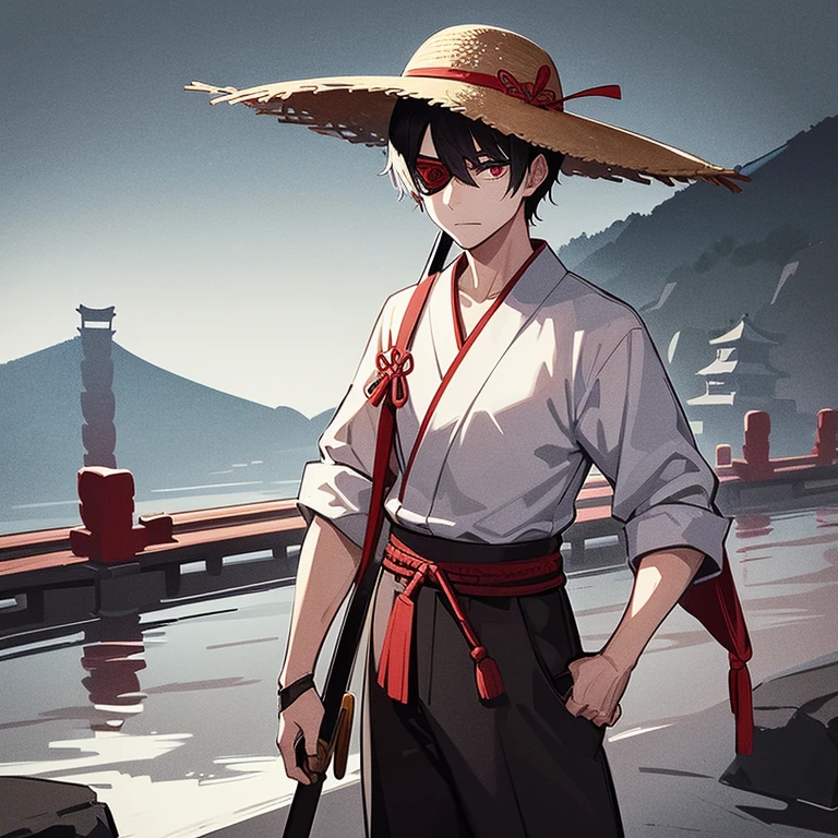 1 samurai with short black hair and red eyes wearing a eyepatch covering his right eye, he is wearing a yellow straw hat, he is wearing a white ancient Japanese shirt and black ancient Japanese pants, he is holding a sword in his right hand, he is looking bored, he is standing on a stone bridge over a river while it is snowing