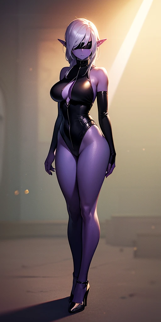 standing straight symmetrical, full body female drow elf slave wearing an adventurer outfit, black blindfolded, (very purple skin), lens flare, overexposure, bokeh, Masterpiece