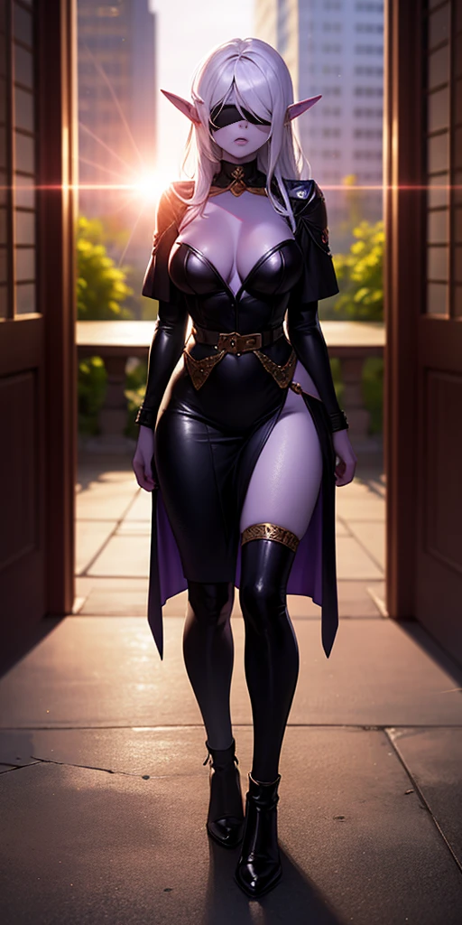standing straight symmetrical, full body female drow elf slave wearing an adventurer outfit, black blindfolded, (very purple skin), lens flare, overexposure, bokeh, Masterpiece