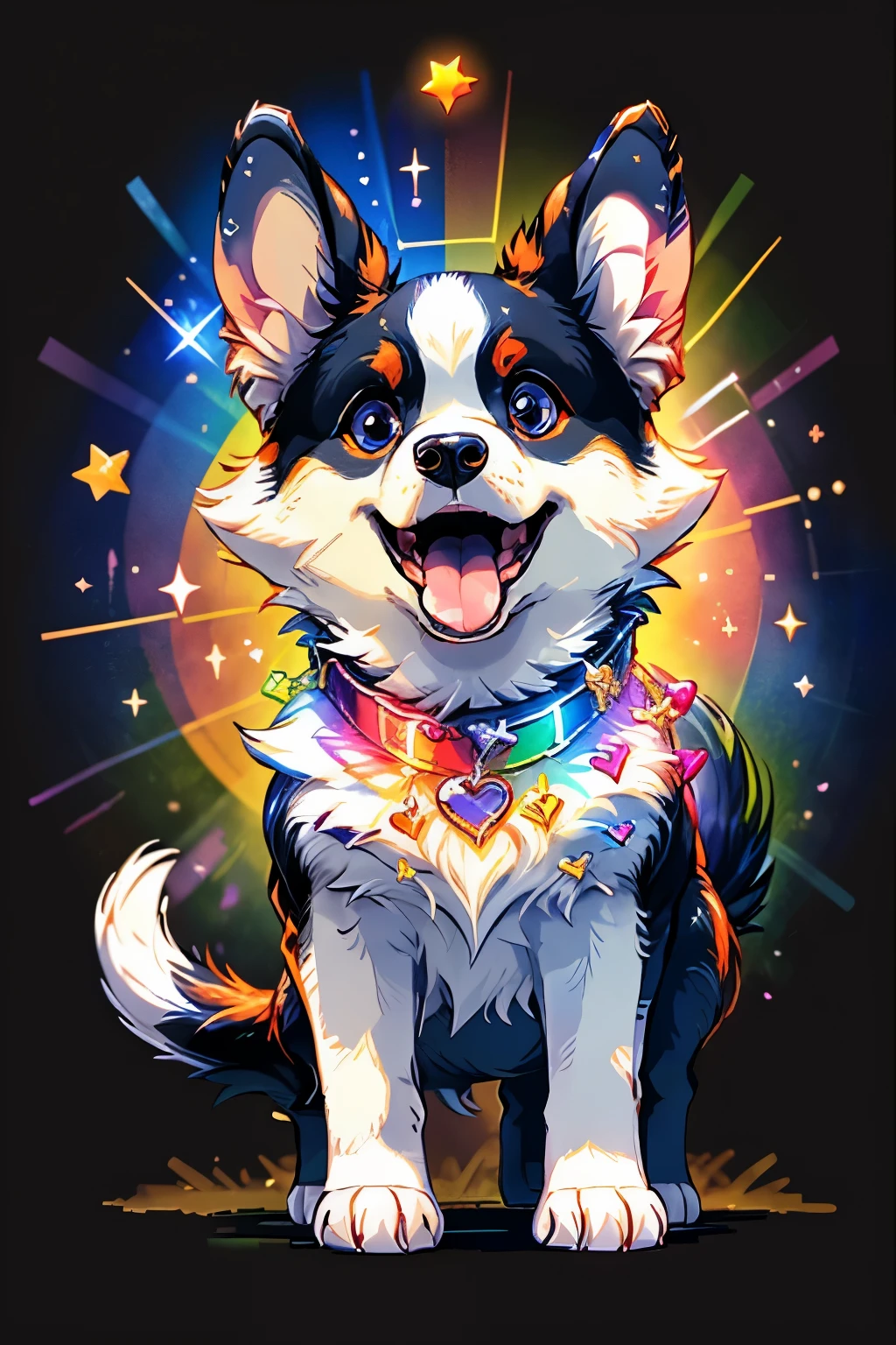 Niji Pride, solo, smile, open mouth, tail, heart, tongue, tongue out, star (symbol), collar, no humans, sparkle, fangs, looking up, dog, animal focus, sparkling eyes, fluffy