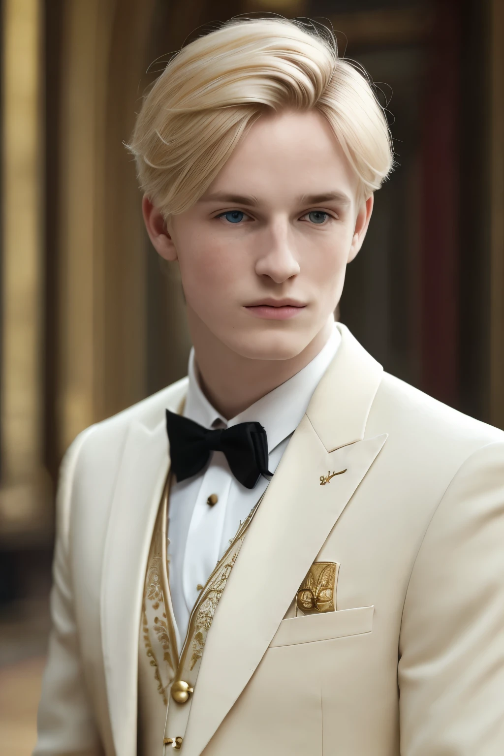 a young man, golden blonde hair, whole body, in castle, masterpiece, realistic, 4k, detailed, of london in the day, highly detailed face, f2.8,denoise, dof, white prince suit, gold embroidery, blur background,