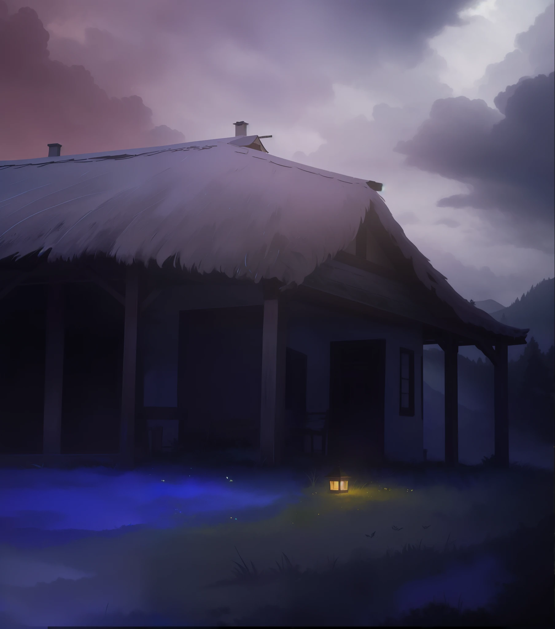 (best's quality,4K,8K,A high resolution,tmasterpiece:1.2),ultra - detailed,(Actual's,photoActual's,photo-Actual's:1.37),the night,overcast day,thatched cottage,square shapes,moody's lighting,Detail's shading,Bright's colors,Soft's light,contours,dark cloude,peacful's atmosphere,cozily,stormy's atmosphere,peacful,serene,'s,ethereal's,It's like a dream,Impressionism's,impasto,traditional painting,eerie,ominous premonition,pastel's tones,windy's,remote's location,mistic,Quiet's,isolated,zona rural,in harmony with nature,Untouched's beauty,A hidden gem(It's hard to notice's beauty,Rustic's charm