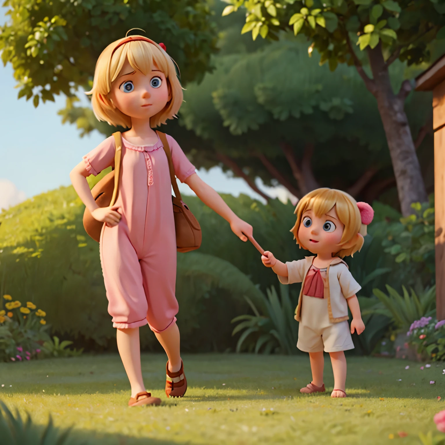 Lovely adorable and funny children tiny hyper-realistic boy in a light short-sleeved shirt and denim shorts, and a little girl, in a light multi-colored dress are walking in a summer meadow, flowers are blooming around, butterflies are flying, great mood, sunny day, cartoon, cinematic light effect, 3D vector graphics, cute and whimsical, fantasy art, bokeh, hand drawn, digital painting, isometric style, 4K resolution, photorealistic rendering, vector image, photorealistic masterpiece, flat white background, isometric, vivid vector