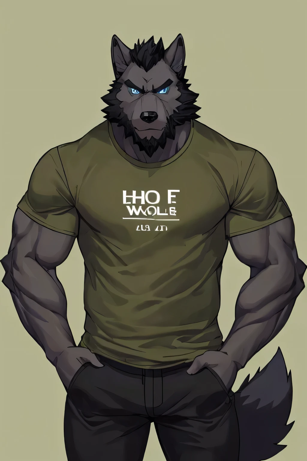 male, muscular, wolf, black fur, serious, black trousers, blue iris, beard, olive army t-shirt