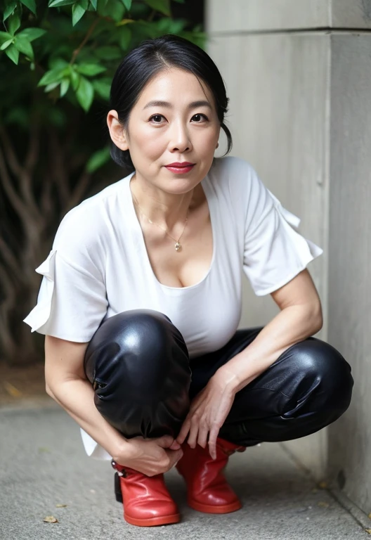 Best Quality, hight resolution, Hires, Skin definition, Detailed skin, Detailed eyes, Detailed face, 4K, 日本人A MILF, ((独奏)), (((50 years old))), (Wrinkles at the corners of the eyes:1.5), (nasolabial folds:1.5), A MILF, glamor, A sexy, Chromo-white skin, ((Wavy Shorthair)), Looking at Viewer,(((Aging skin:1.5))), ((loose muscles:1.5)), (((A slender))), (((Very large breasts:1.28))), ((Saggy udder)), (Saggy buttocks), ((Japanese Models)), 4K, (photoRealistic:1.5), Realistic, nffsw, Beautiful, Bimbo, Perfect makeup, small diamond necklace, piercings, ((red leather bodysuit, long boots)), ssmile, Public places,Full body photo, Spread legs, Squatting