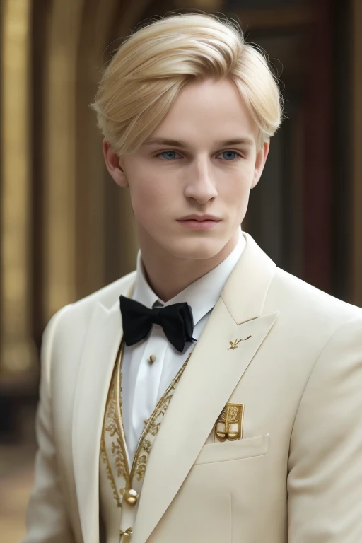 a young man, golden blonde hair, whole body, in castle, masterpiece, realistic, 4k, detailed, of london in the day, highly detailed face, f2.8,denoise, dof, white prince suit, gold embroidery, blur background,