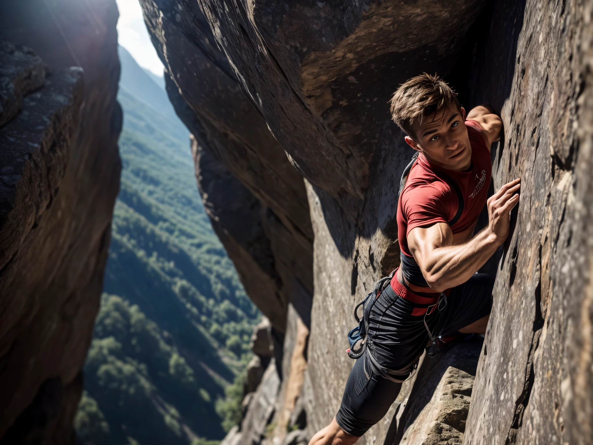 a person climbing a steep rock wall, strong grip, focused expression, challenging route, textured rock surface, dynamic movements, athletic physique, intense concentration, chalky hands, determined facial expression, experienced climber, natural surroundings, rocky terrain, beautiful landscape, dramatic lighting, vibrant colors, high-res detail, realistic rendering, outdoor adventure, adrenaline rush, physical strength, mental resilience