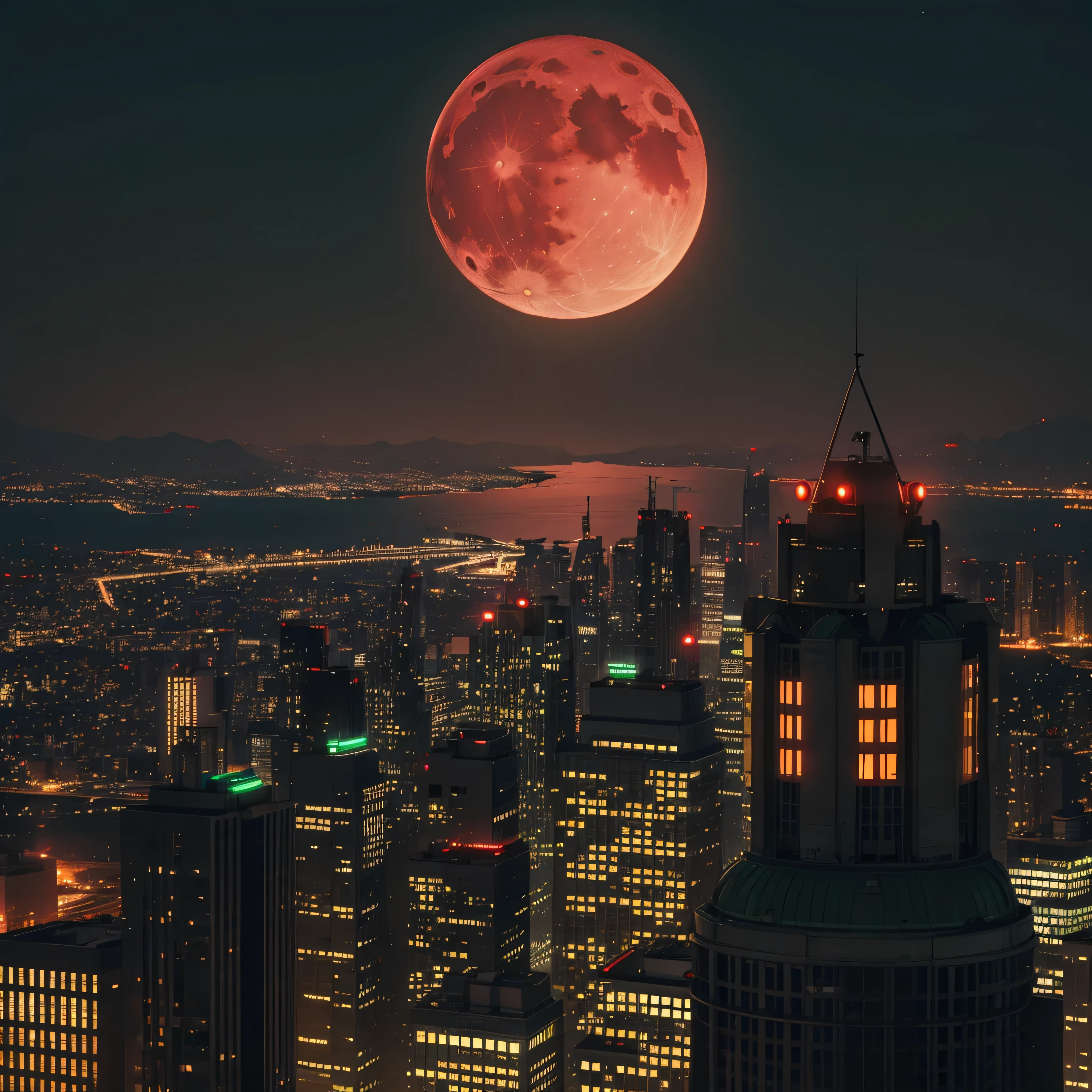 Dark night, green big city, top of one city building in foreground, red moon