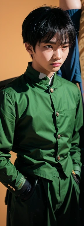 boy with black hair, green uniform, yellow buttons