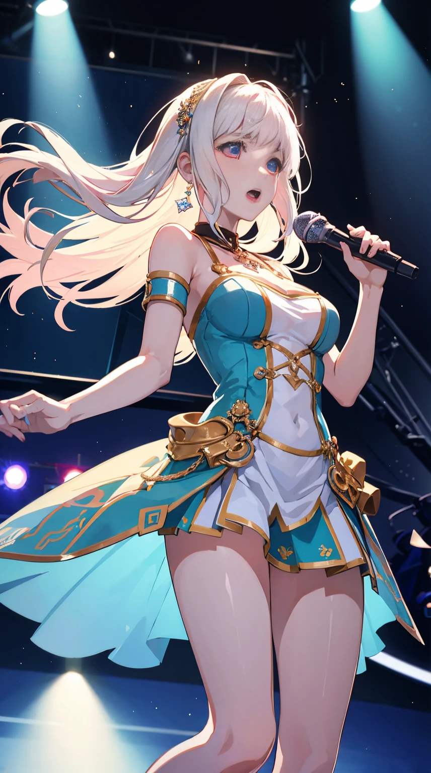 Sfw,Masterpiece, Best Quality, hight resolution,  1girl in,fantastic,luminous effect,twinkle twinkle, Solo, Holding the microphone in her hand, big breasts, concert, Spotlight,crowd