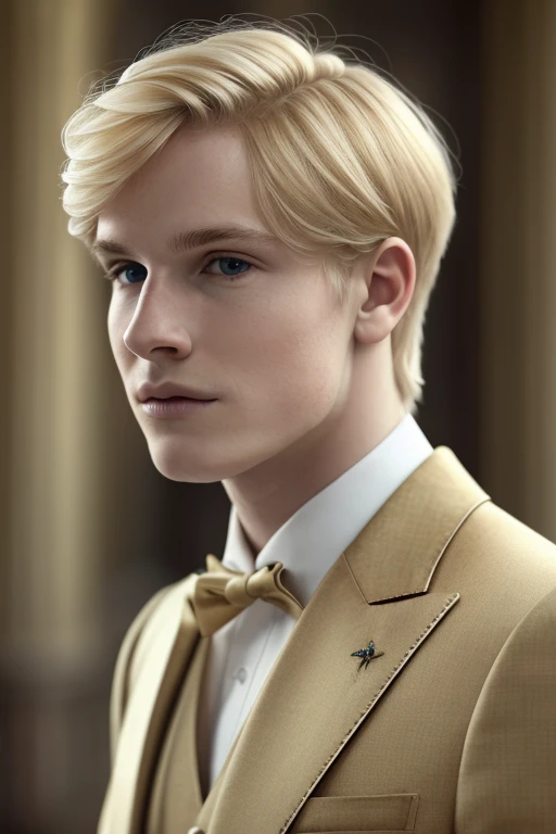 a young man, golden blonde hair, whole body, in castle, masterpiece, realistic, 4k, detailed, of london in the day, highly detailed face, f2.8,denoise, dof, white prince suit, gold embroidery, blur background,