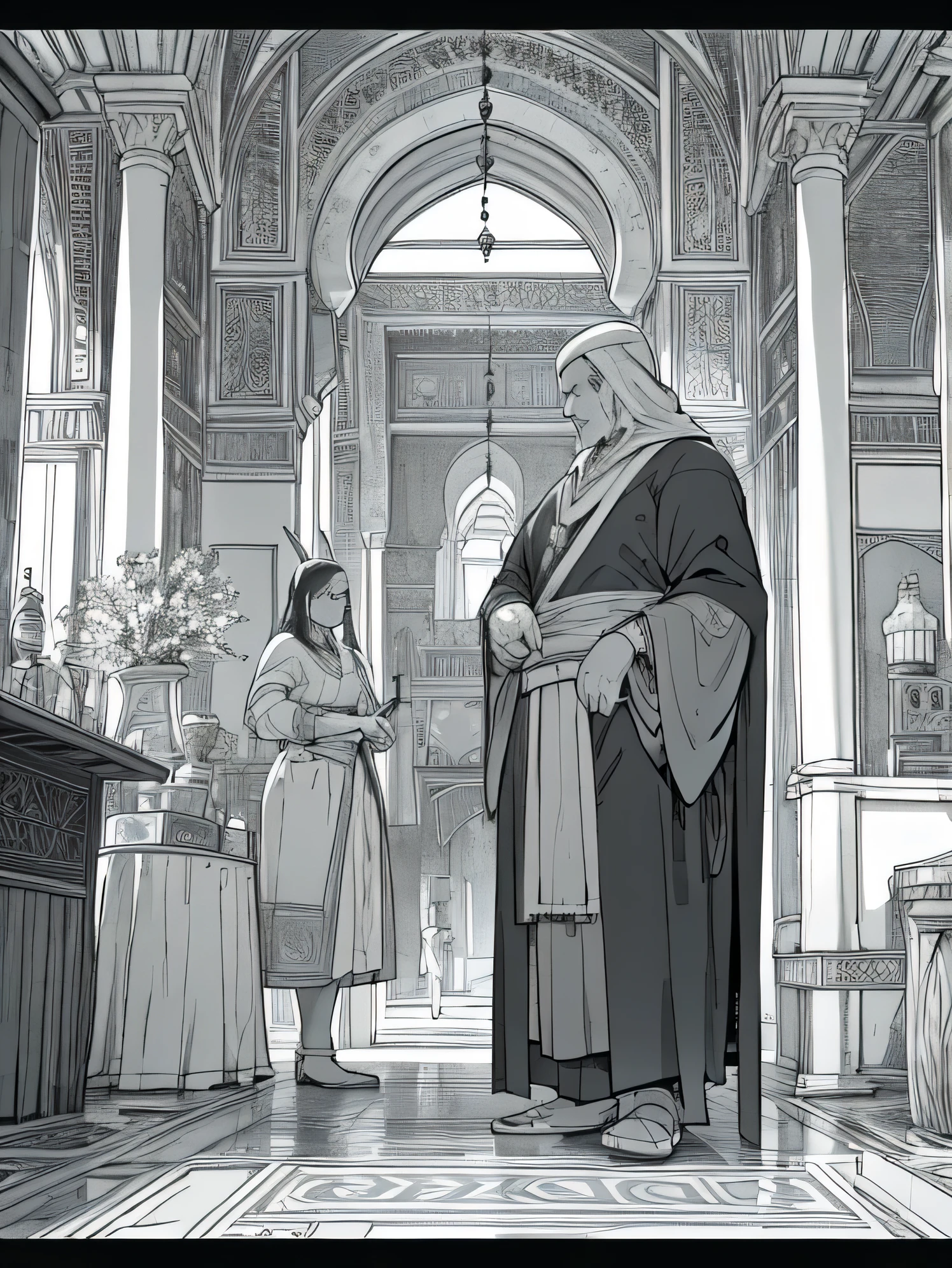 A vendor selling vases to a man, (close-up), dark-skin, duo, middle-aged, morocco architecture, mysterious, unforgettable moment, lineart, (monochrome), (manga), anime, masterpiece, 8K, Magic fantasy 3D concept art, Amazing concept art, illustration, Cinematic scene, hero view, best quality, high quality, highres, greg rutkowski, neowrsk, Tsukasa Abe