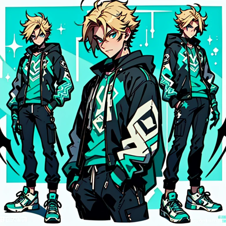 20 year old, handsome male, brownish-blond hair, blue eyes, spider-man suit (Turquoise, electric green, and black), no mask, epic pose, anime style, cargo pants, converse shoes