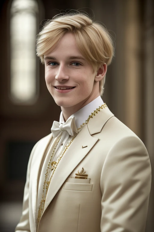 a young man, golden blonde hair, whole body, in castle, masterpiece, realistic, 4k, detailed, of london in the day, highly detailed face, smiling, f2.8,denoise, dof, white prince suit, gold embroidery, blur background,