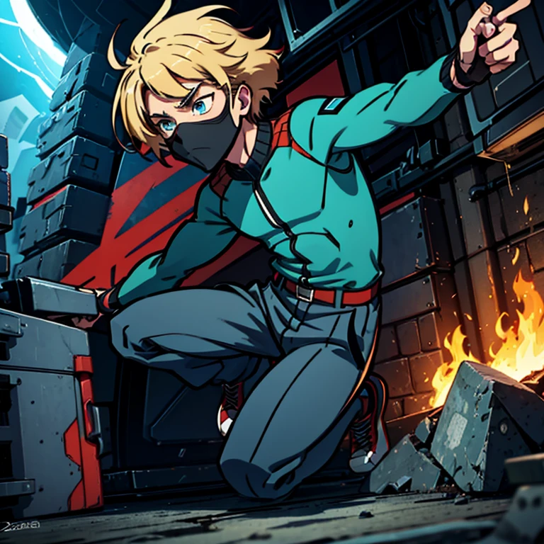 A closeup of a person wearing a green suit and a yellow cape, trend in Station, tall anime boy with blue eyes, manga cover style, trend in Station, shigenori soejima illustration, official art and wears special white gloves, red sleeves, technological y sacando unos tentáculos negros 