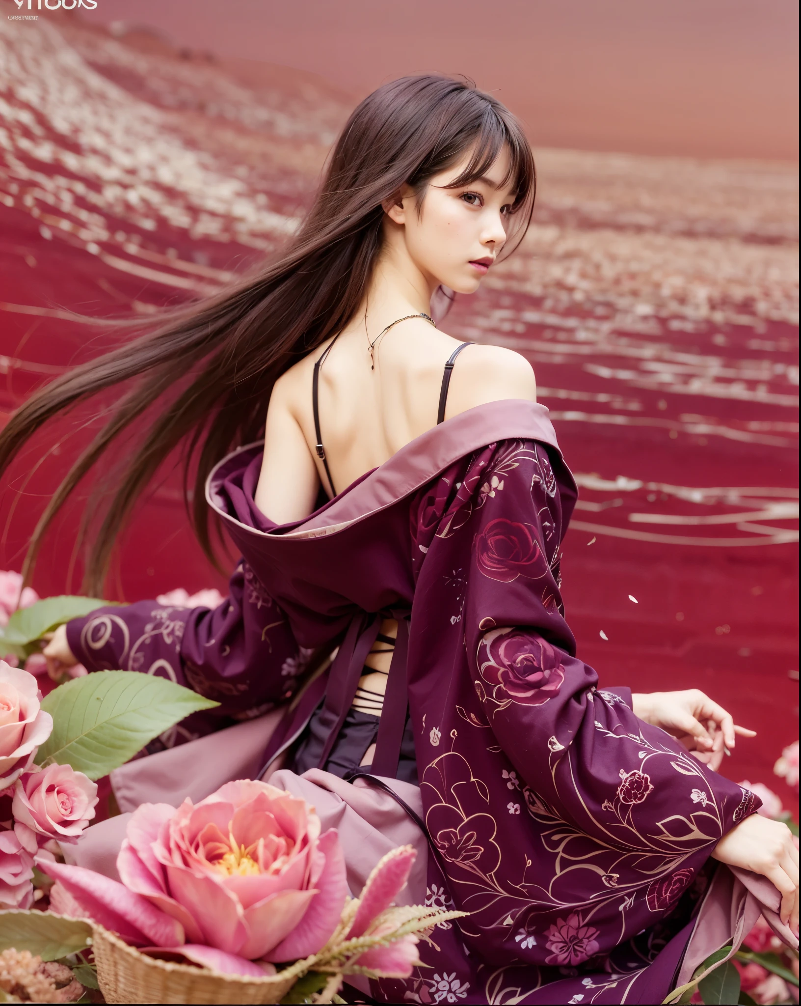 Isuzu souma, fruits basket, girl, teenage, burgundy kimono with rose motives, long straight hair, scar on her back, pink roses foreground, intimidative stare back