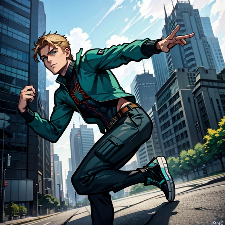 20 year old, handsome male, brownish-blond hair, blue eyes, spider-man suit (Turquoise, electric green, and black), no mask, epic pose, anime style, cargo pants, converse shoes