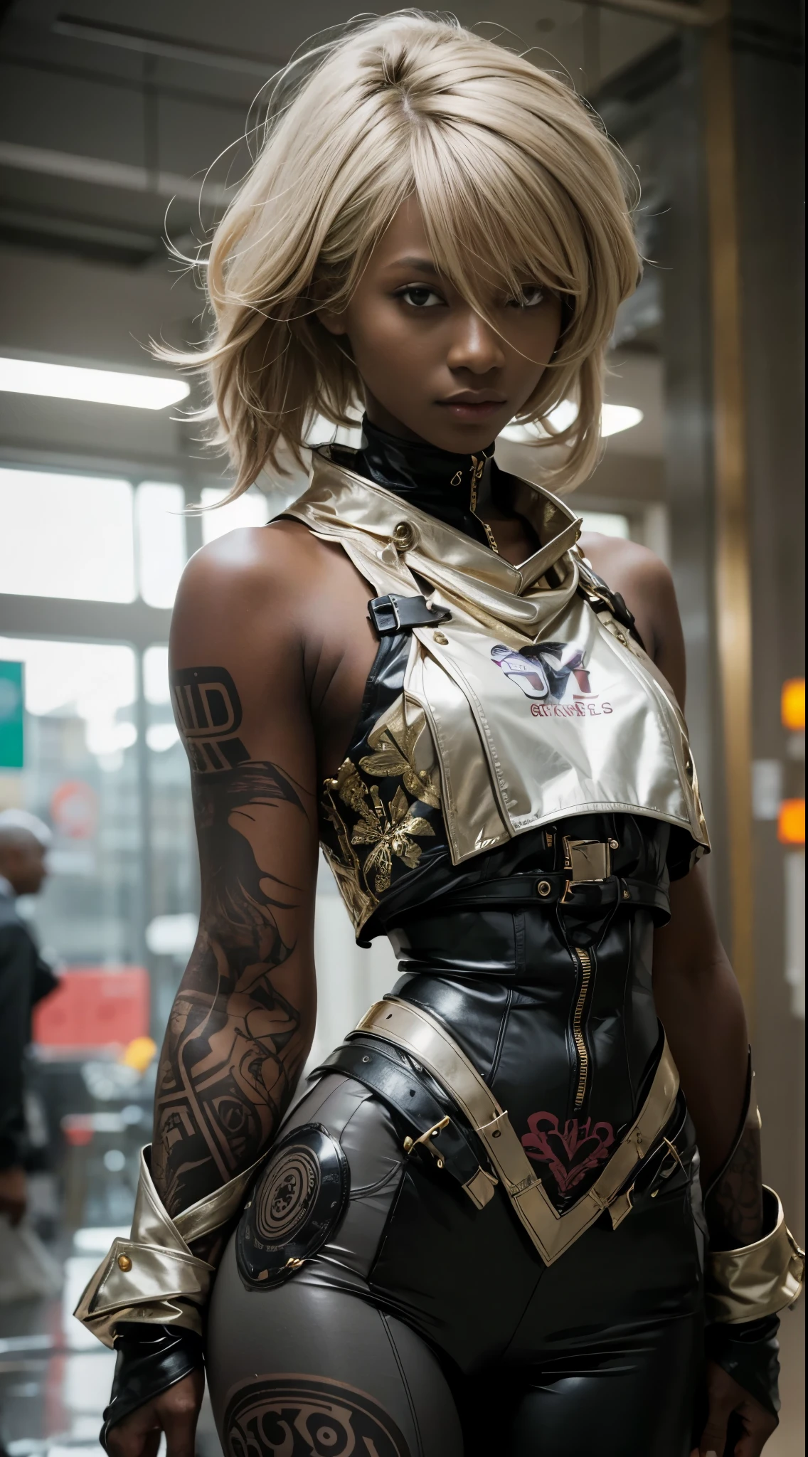 dark skin, medium gold hair