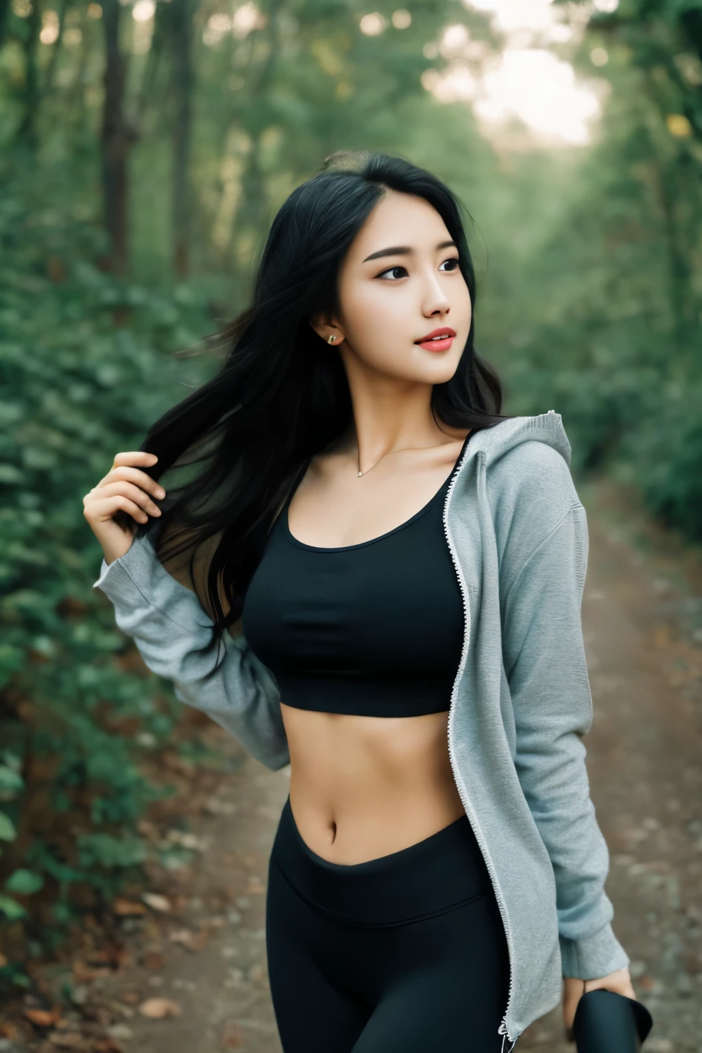 1girl in, age19, Solo, Aesthetic artwork, black hair, long straight hair, detailed hair, big breasts, d-cup, slender body, Full body, detailed skin texture, side profile, crop top hoodie, black crop top, black leggings, hiking trail, cobblestone trail, (extremely detailed 8k wallpaper), soft lighting, high quality, film grain, Fujifilm XT3 sharp focus, f 5.6, 50mm, High Detail, Sharp focus,(natural light), (seductive), Realistic, ultra realistic, photo realistic