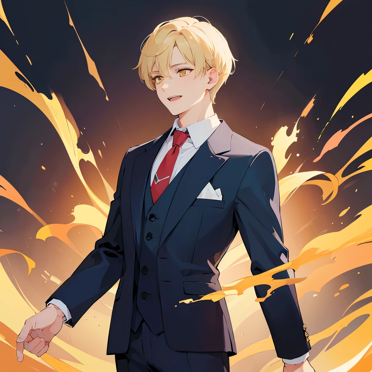 (looking away:1.5), Shooting from the side、​masterpiece、hightquality、25 year old man with short blonde hair and yellow eyes、(Wearing a dark blue suit:1.2)、white  shirt、red necktie、(Alone:1.5)、(smile:1.1)、open mouth, (Only the upper body is shown.:1.3)、The background is office、is standing、Bold composition、
