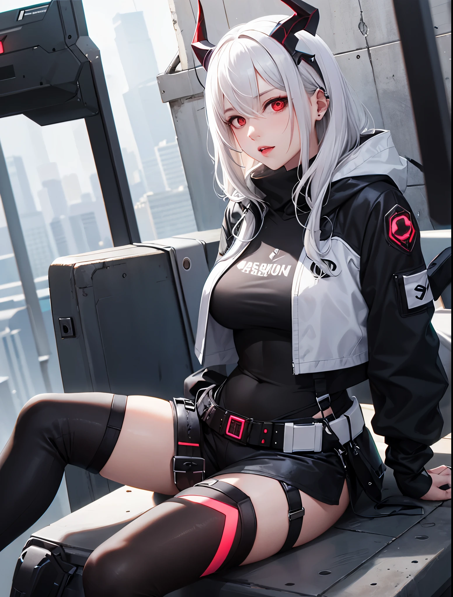 sitting on a wall, 1 girl, white hair, oversized black hoodie, cyber daemon, , cyberpunk, ((cyber horns)), red eyes, cyberware, dreamy cyberpunk girl, cyberpunk art ultrarealistic,