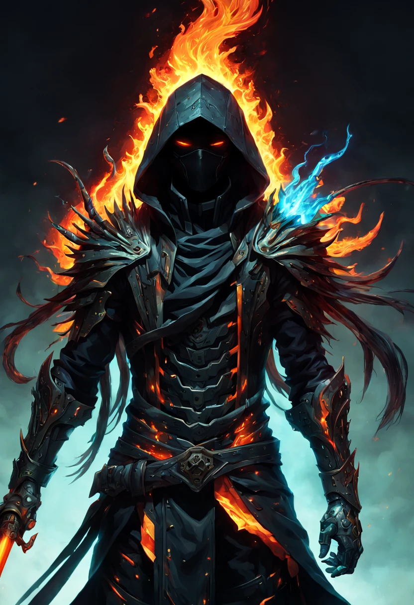 masterpiece, Rogue assassin men, wearing a hood, black hair, shrouded in shadows, holding a flaming dagger in each hand, vibrant glowing abyssal colors, entirely in frame, slim FULL BODY cover suit, radiating electrical energy, shoulder length messy hair, Full body, Beautiful anime style girl, hyperdetailed painting, luminism, 8k resolution, fractal isometrics details bioluminescence , 3d render, octane render, intricately detailed , cinematic, trending on art station Isometric Centered hyper realistic cover photo awesome full color, hand drawn , gritty, realistic, intricate, hit definition , cinematic, Rough sketch, bold lines, on paper, vibrant, epic, ultra high quality model