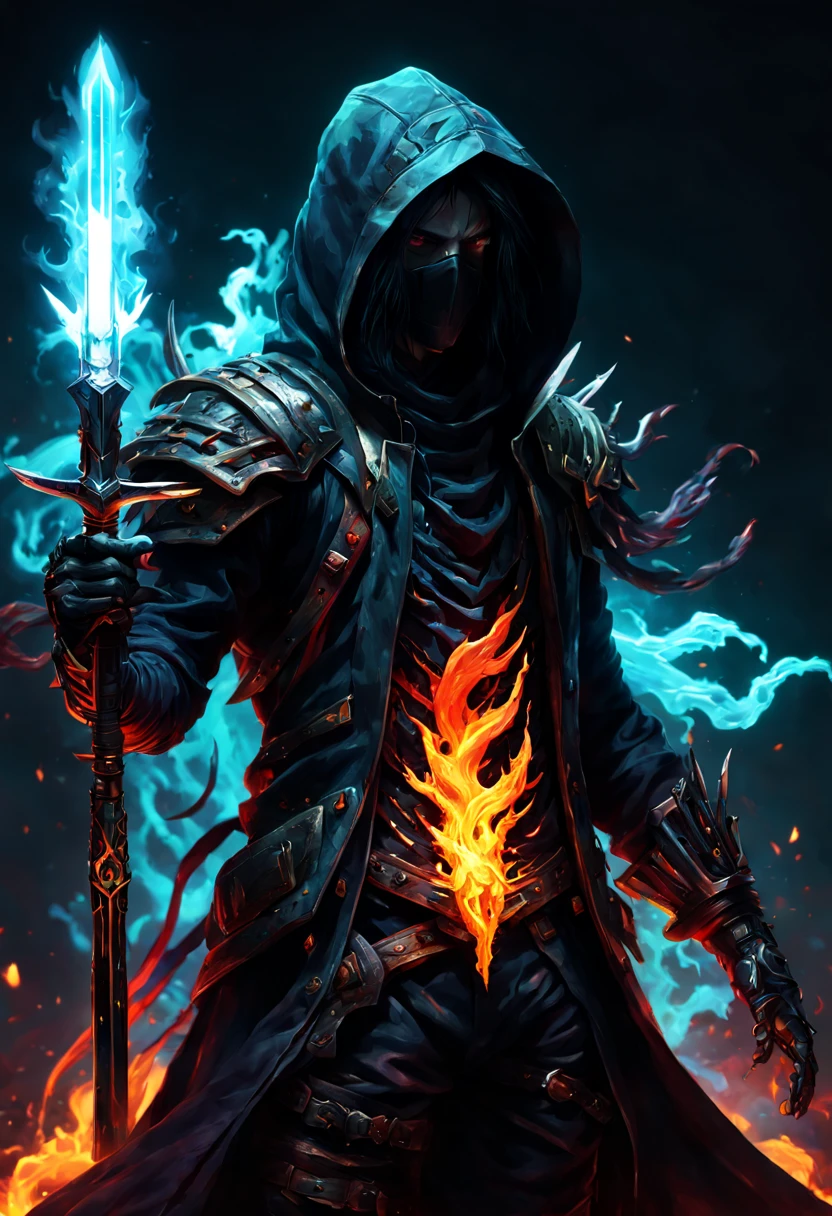 masterpiece, Rogue assassin men, wearing a hood, black hair, shrouded in shadows, holding a flaming dagger in each hand, vibrant glowing abyssal colors, entirely in frame, slim FULL BODY cover suit, radiating electrical energy, shoulder length messy hair, Full body, Beautiful anime style girl, hyperdetailed painting, luminism, 8k resolution, fractal isometrics details bioluminescence , 3d render, octane render, intricately detailed , cinematic, trending on art station Isometric Centered hyper realistic cover photo awesome full color, hand drawn , gritty, realistic, intricate, hit definition , cinematic, Rough sketch, bold lines, on paper, vibrant, epic, ultra high quality model