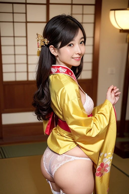 (facing back:1.5)、 (high-level image quality、hightquality、High resolution real image、detaileds、masterpiece、Professional Photography)、(There is a cute girl)、Smile at the camera、(A pure Japanese hairstyle with a beautiful hairpin)、(Light brown hair)、(being thin:1.3)、(Small:1.3)、(Bra and T-back panties with large kimono-style decorations:1.2)、She wears a collar, bangles, and a kimono-style garter belt.、(He holds a large golden dragon in both hands.)、The pose is so cute and nice、(Pure Japanese room in a big old house)