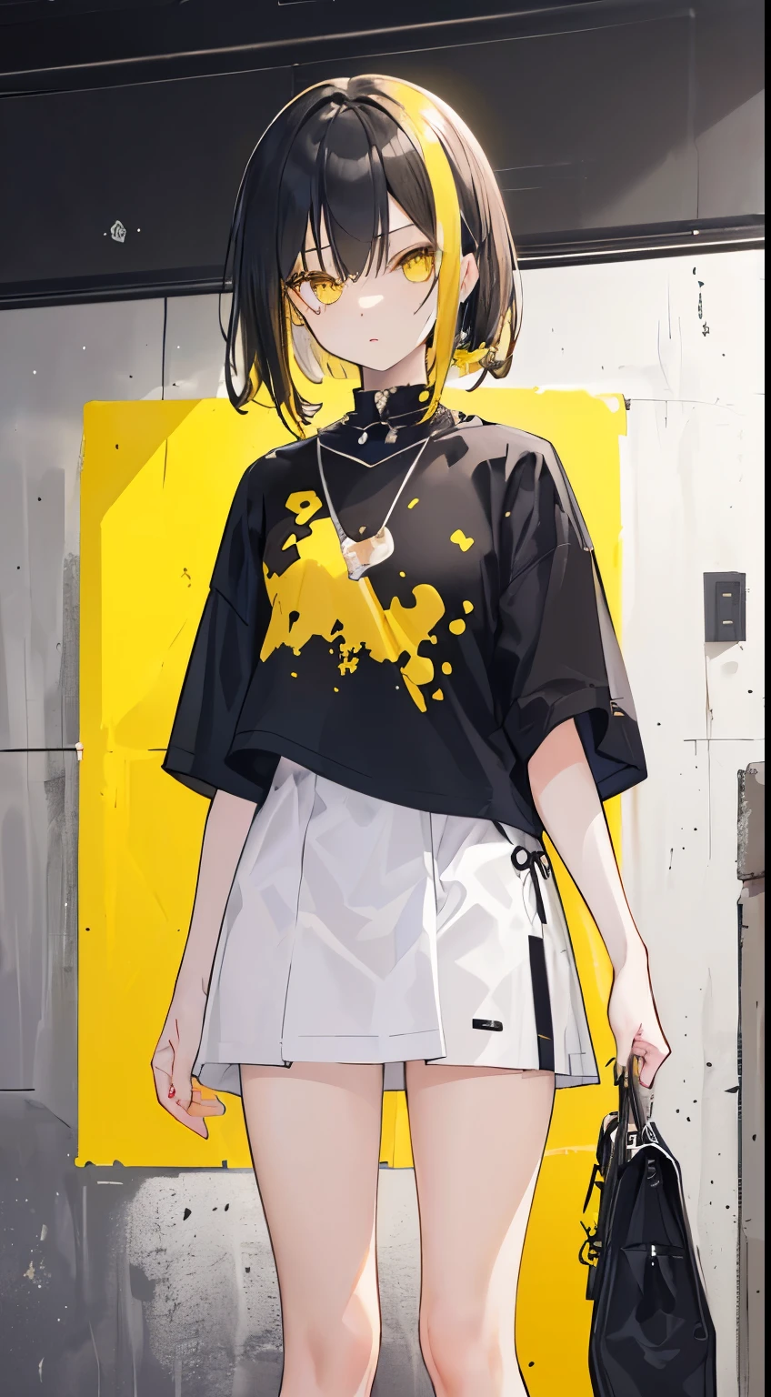 ((Best Quality)), ((masutepiece)), ((Perfect face)),), ((cool expression)), ((A dark-haired)), ((Yellow inner color)), ((cute face)), ((black, yellow is the image color)), (only one person)), ((twinks)), ((Calm)), ((bangss)), ((despise)), ((simple)), ((one girl)), ((looking at the camera), ((Fashionable clothes)), ((front))