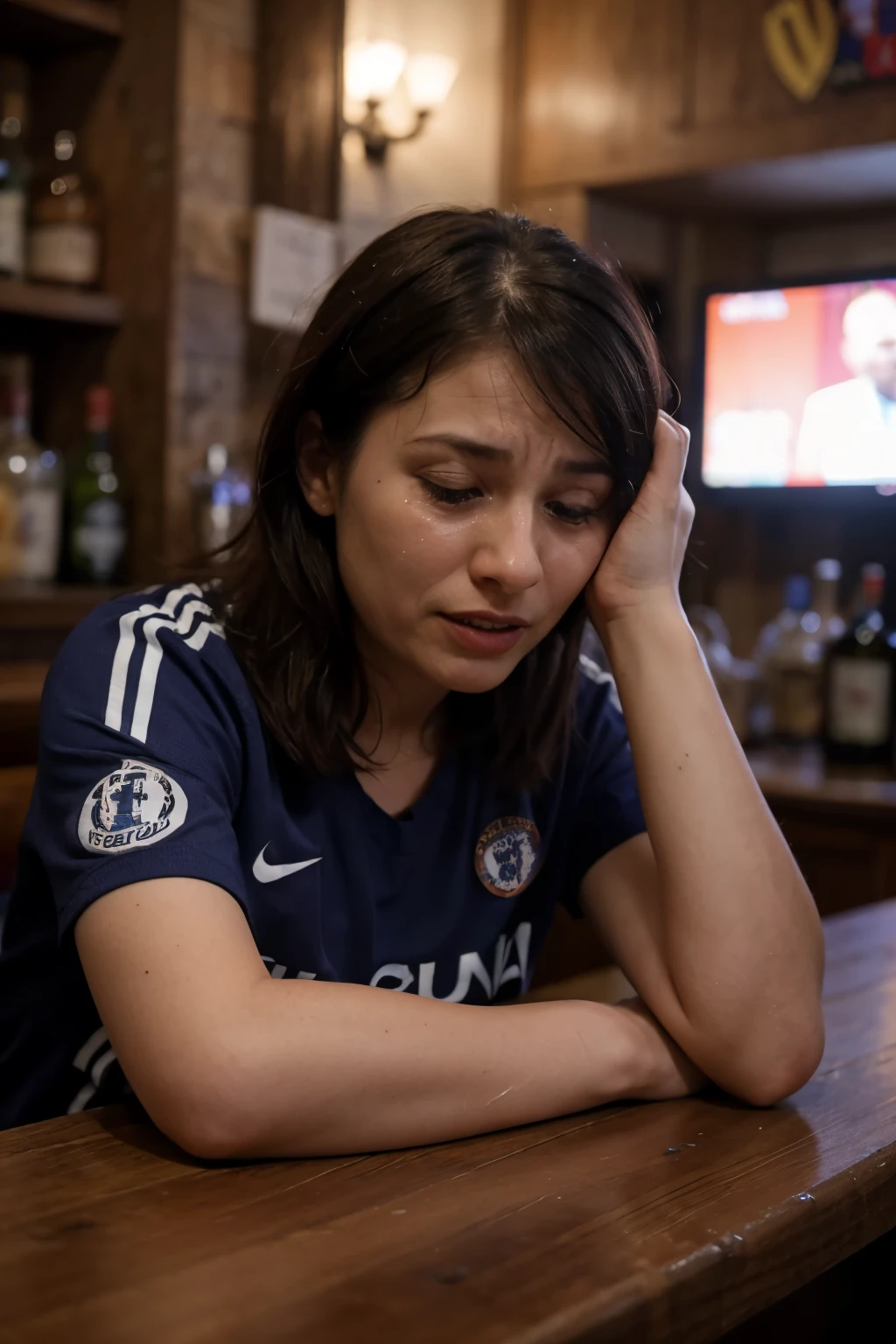 A Chelsea fan crying at a bar looking at the tv screen seeing that Barcelona beat Chelsea 5-1
