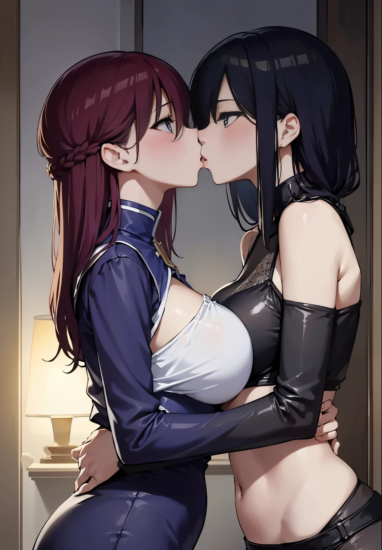 tmasterpiece 的脸, good lighting, low chest, finely detailled, tmasterpiece, glowing light eyes, 2 girls, brunette color hair, Best quality at best, Perspectives, full bodyesbian, Wide hips,Bigchest,Off-the-shoulder attire,low chest装,2 girls在拥抱亲吻,lilie,Two lesbians,Intense kisseierce hug,Chest to chest,very huge big breasts,Two girls kissing together