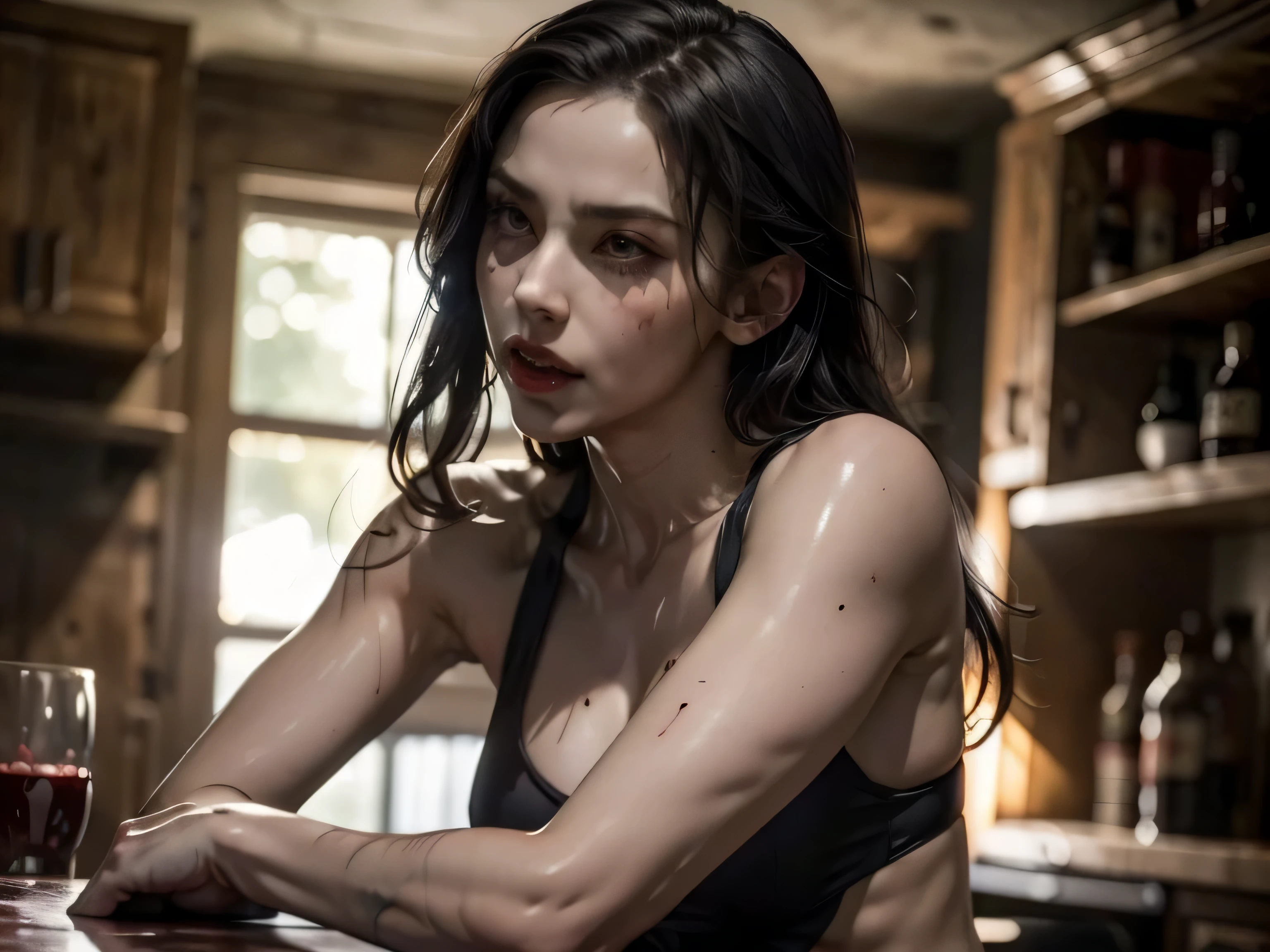 Her full body is shown giving a Blowjob, She is sucking on a man's penis, she is biting into a man's penis with her sharp fangs, she is also a cannibalistic sexual demon, she has a perfect face with full libs and razor-sharp fangs, They are in a old creepy house in the bedroom and she is on top of the man, realistic blood on the man'loody, and violent, Her Full body is shown on a bed with a man as she is on top of him biting into his with her sharp fangs, realistic blood, perfect eyes, Perfect anatomy, realistic, gore, realistic skin and flesh, she is a vampire who feeds on innocent men, she is a virgin killer, she is biting deep and hard into his with her sharp vampire fangs, blood is dripping from his , she is trying to bite his off so that she can eat it, she has very sharp vampire fangs, she has a perfect athletic body, she is skinny with small perky boobs, she has abs and defined muscles, her skinny body is perfectly proportioned, she has a crazy look in her eyes, she is a sexy sadistic addict , a sexy tight dress with Long black stockings, she also is wearing black high heels with red bottoms, there is blood everywhere as she is biting into his with her sharp fangs. She has a perfect face, perfect eyes, and perfect bone structure, she has a skinny body with defined abs and muscle