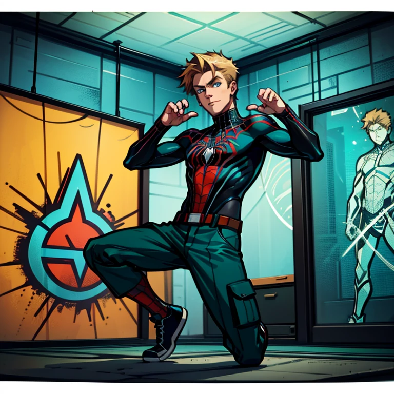 20 year old, handsome male, brownish-blond hair, blue eyes, spider-man suit (Turquoise, electric green, and black), no mask, epic pose, anime style, cargo pants, converse shoes, Spider-Man, one person