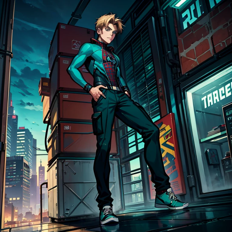 20 year old, handsome male, brownish-blond hair, blue eyes, spider-man suit (Turquoise, electric green, and black), no mask, epic pose, anime style, cargo pants, converse shoes, Spider-Man, one person