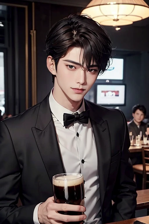 Handsome man toasts with draft beer、solo person，In the tavern、With short brown hair，（neat black suit），charcoal gray high neck shirt、Fun atmosphere、Year-end party、