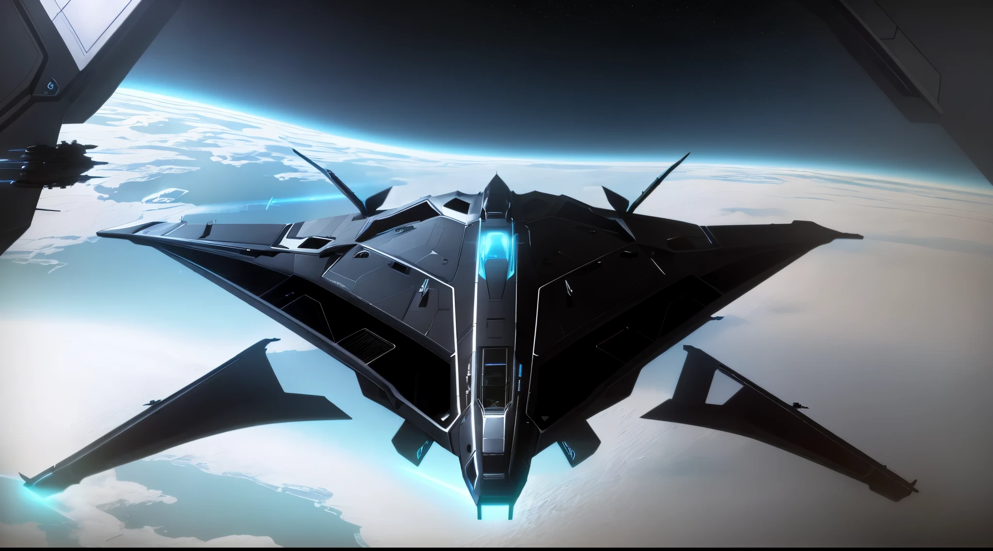 a close up of a spaceship flying in the sky above the earth, lockheed concept art, dark ominous stealth, year 2040, ((( 1 spaceship))),