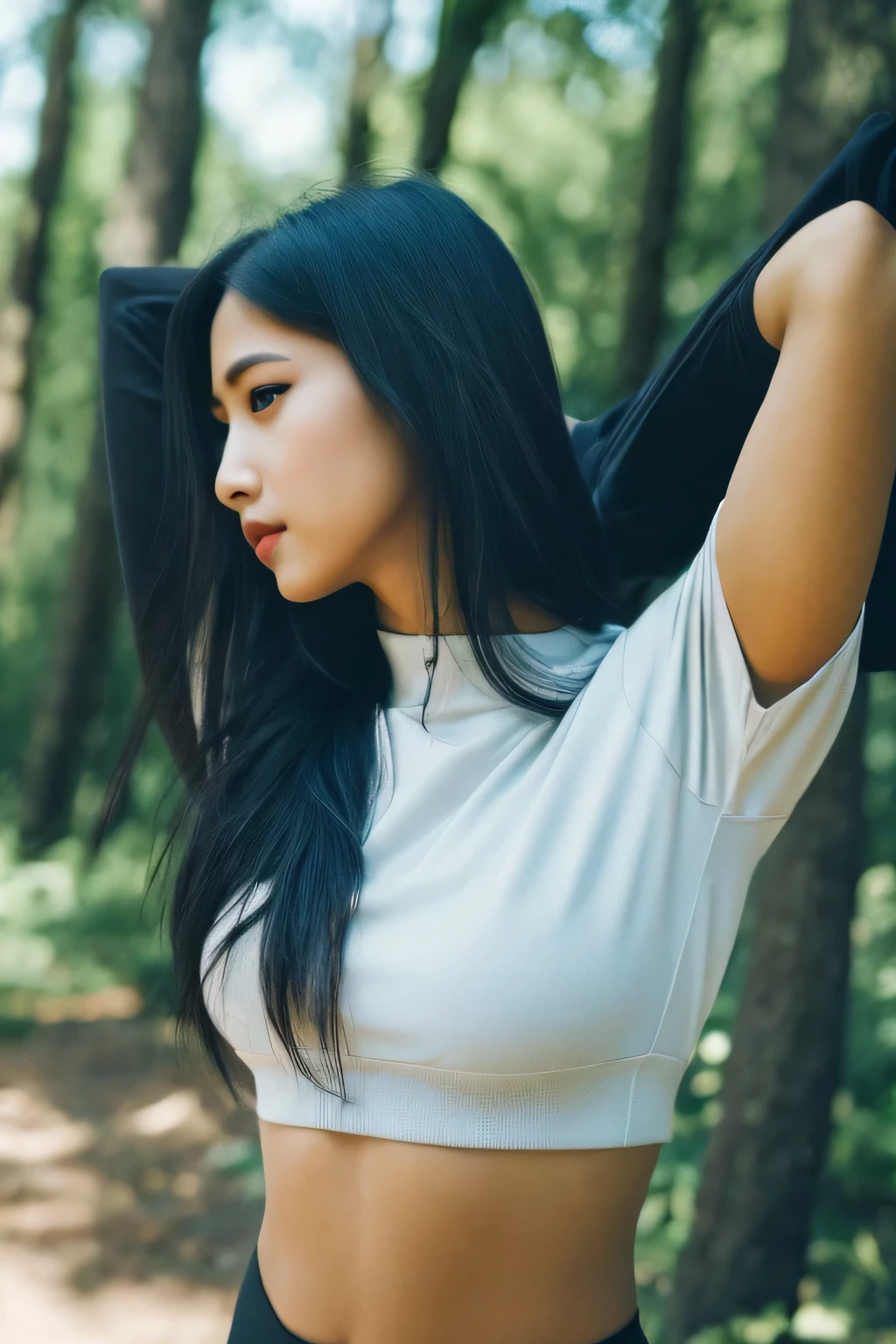 1girl in, age19, Solo, Aesthetic artwork, black hair, long straight hair, detailed hair, big breasts, d-cup, slender body, Full body, detailed skin texture, side profile, crop top hoodie, black crop top, black leggings, hiking trail, cobblestone trail, (extremely detailed 8k wallpaper), soft lighting, high quality, film grain, Fujifilm XT3 sharp focus, f 5.6, 50mm, High Detail, Sharp focus,(natural light), (seductive), Realistic, ultra realistic, photo realistic