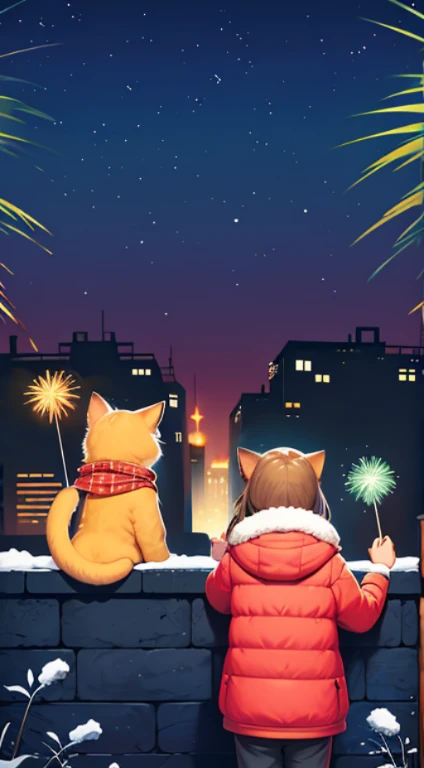 at winter season,1 cat wearing a scarf,1 girl wearing down jacket,standing behind a wall,with his back to the viewer,在夜空中看fire works, The night sky is filled with fireworks, Background image, City night view in the background, fire works在背景中, illustratio, Warm and joyful atmosphere, illustration, New Year’s Day, 下雪的at winter season圣诞夜, 可爱illustratio, background artwork, 2只猫的illustratio, 风格化数字illustratio, girl sitting on a rooftop, fire works