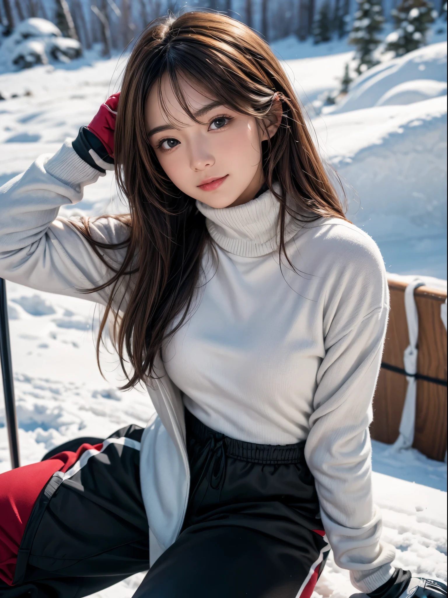 A woman in sexy clothing posing in front of the Christmas tree, breast enhancement,Reality,official art,8K quality,Super details,Fine skin details,angle,texture,masterpiece,best picture quality,1 girl,Zhu lips,messy hair,shooting,underbust,1 girl,whole body,white_,lace,long hair,thigh,lace,white stockings,Put on a red velvet jacket , A girl in a red velvet jacket stands in the snow,Velvet suit,There is snow on the trees,Snowflakes fall from the sky,There is a hut next to the girl,The cabin is covered with snow,snow House,Girl with antlers on her head, Christmas dress,Santa suit,korean girl, 4k posts, wide angle panorama,